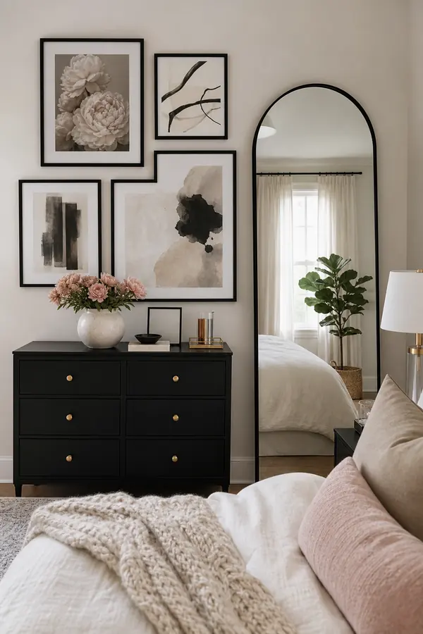 Feminine black bedroom with a black framed gallery wall and arched mirror