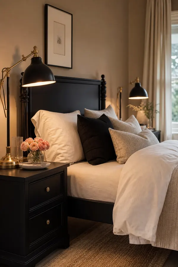 Black bedroom styled with gold bedside lighting and soft neutral bedding