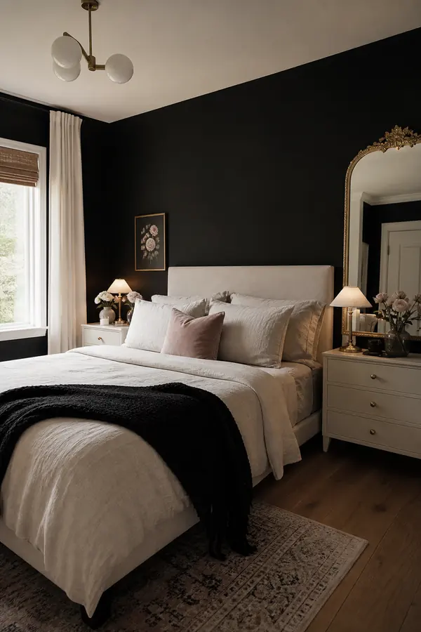 Chic black bedroom with a matte black accent wall and soft cream bedding