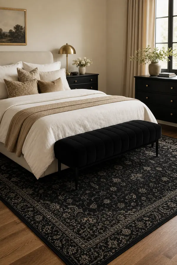 Black bedroom with a black patterned rug and velvet bench
