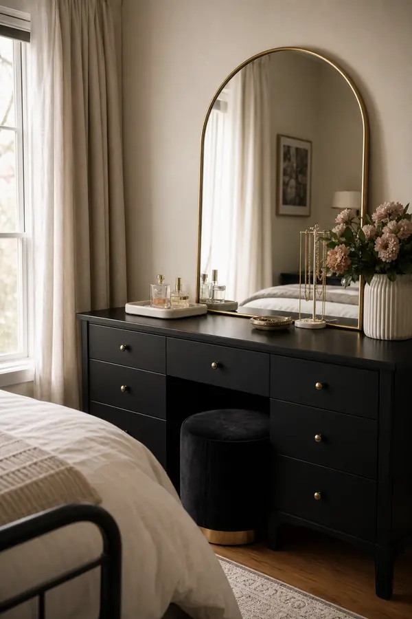 Chic black bedroom vanity dresser with an arched gold mirror