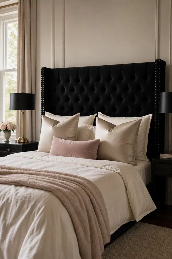 Elegant black bedroom with a black velvet headboard and blush pillows