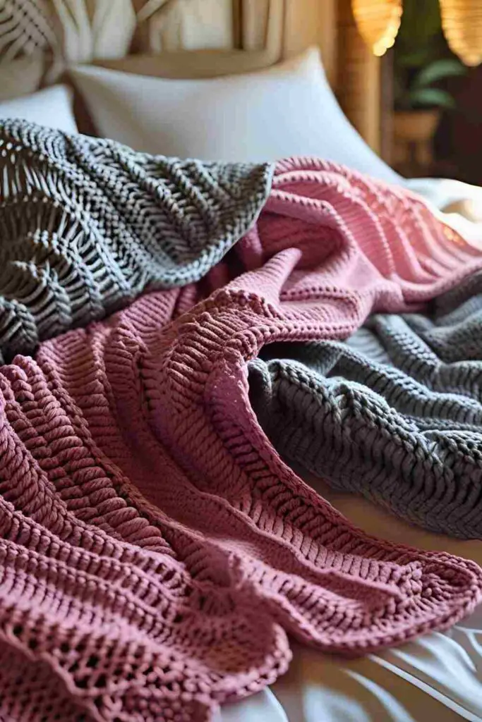 pink and grey blanket in bedroom