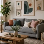 Grey sofa living room with a soft colourful decor palette