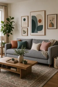 Grey sofa living room with a soft colourful decor palette