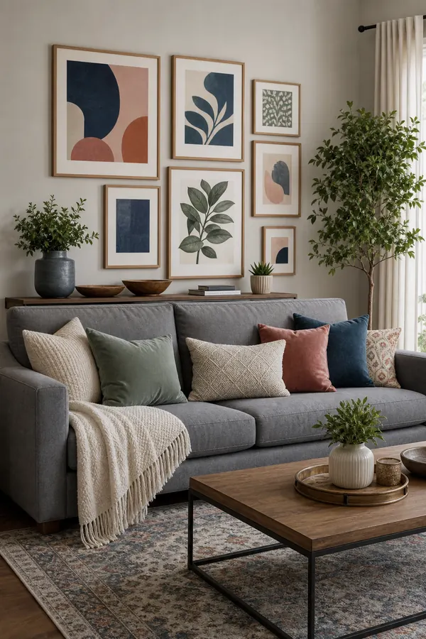 Grey sofa living room with colourful wall art above the couch