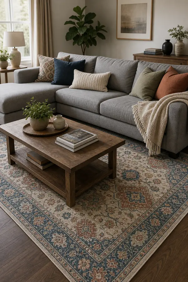 Grey sofa living room with a muted colourful patterned rug