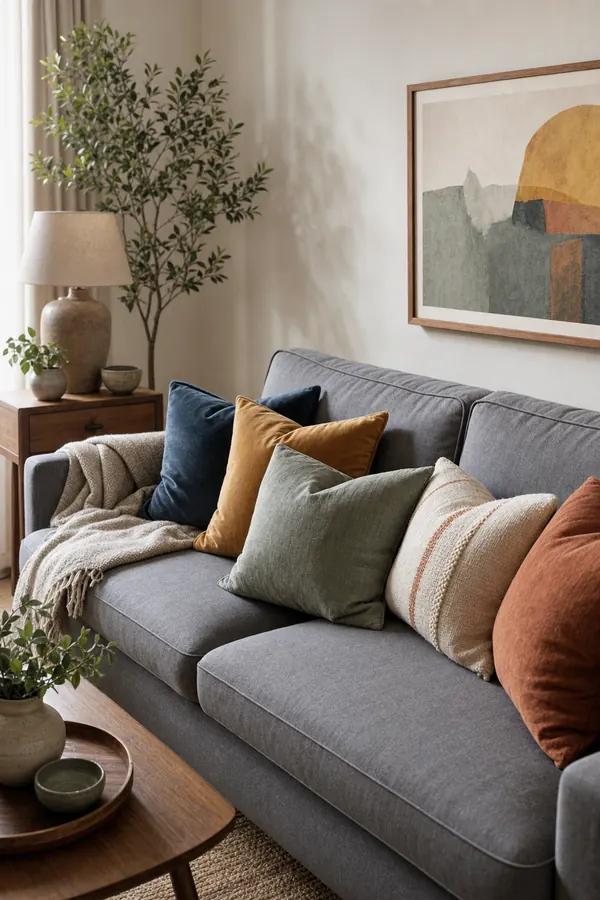 Grey sofa styled with colourful pillows and a soft throw blanket
