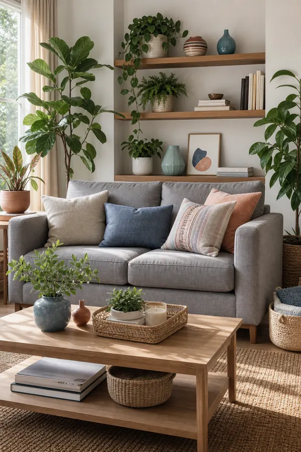 Grey sofa finished with plants and small colourful living room decor
