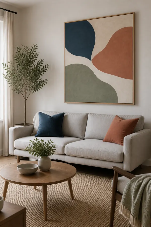 Minimal living room with one large colourful abstract wall art piece