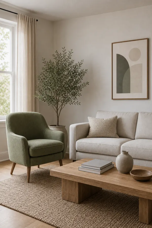 Minimal living room with a muted sage green accent chair