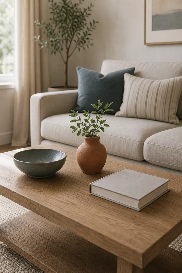 Minimal coffee table styling with small colourful decor pieces