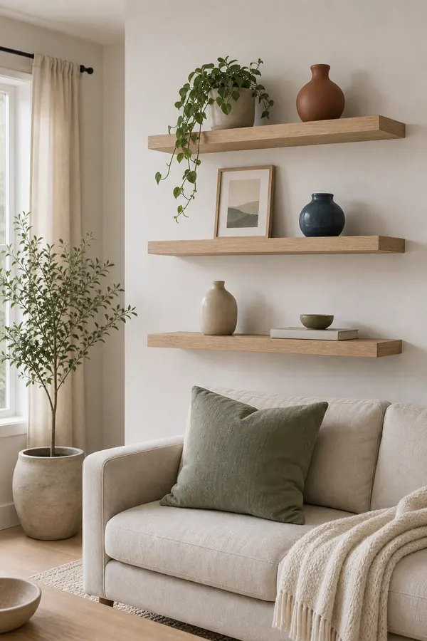 Minimal floating shelves with colourful vases and simple decor