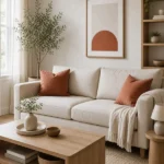 Minimal colourful living room with one warm accent colour