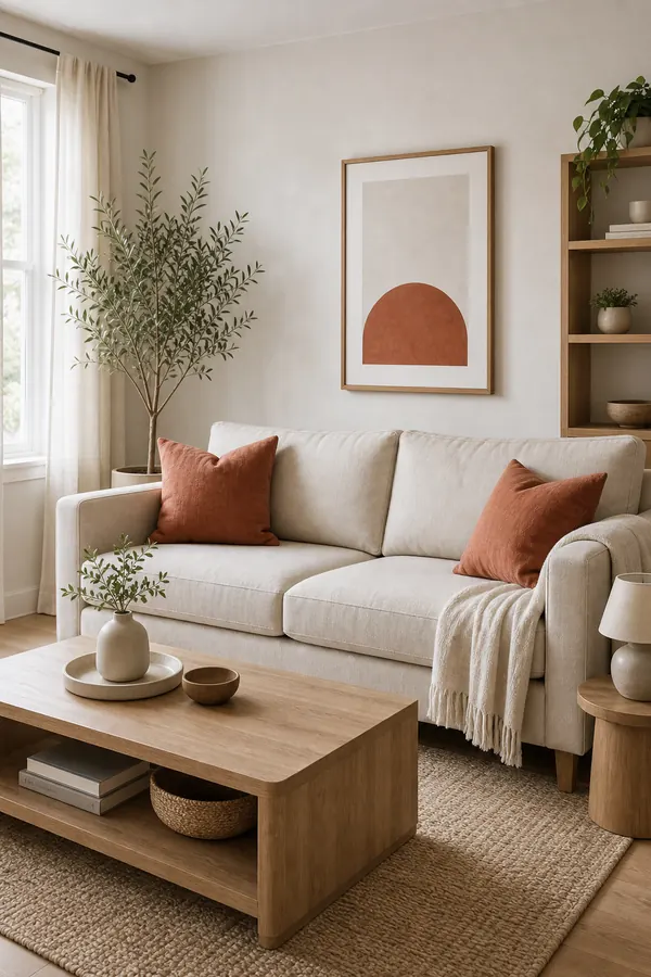 Minimal colourful living room with one warm accent colour