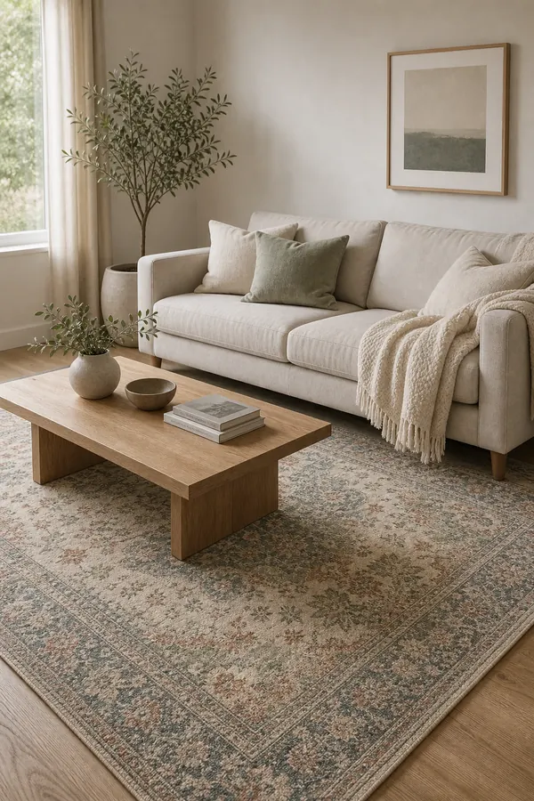 Minimal colourful living room with a soft patterned area rug