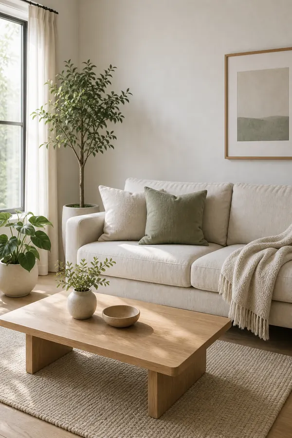 Minimal living room where plants add soft green colour