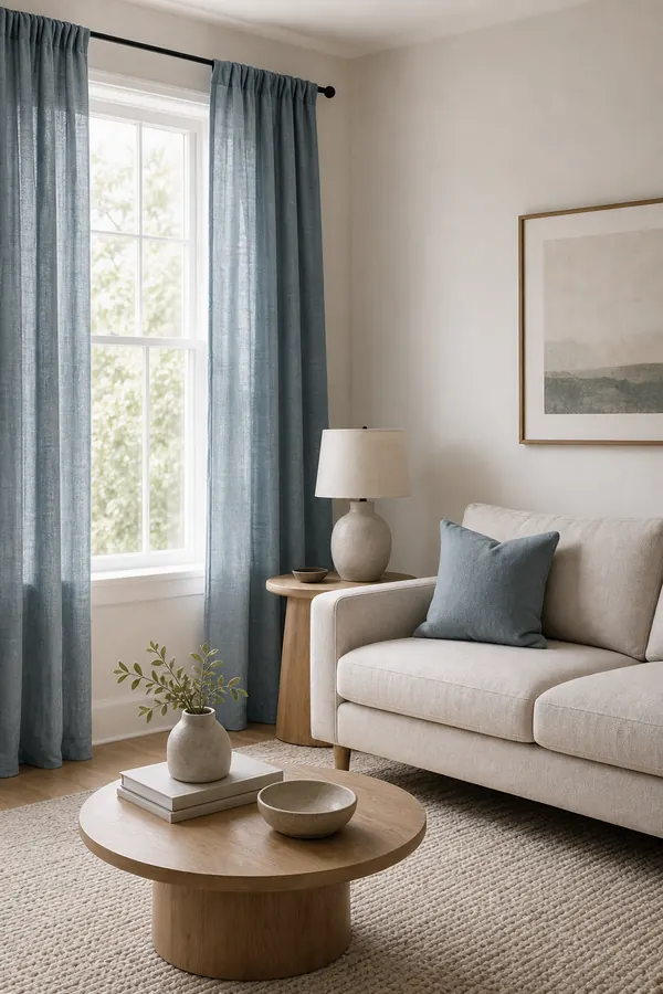 Minimal colourful living room with soft dusty blue curtains