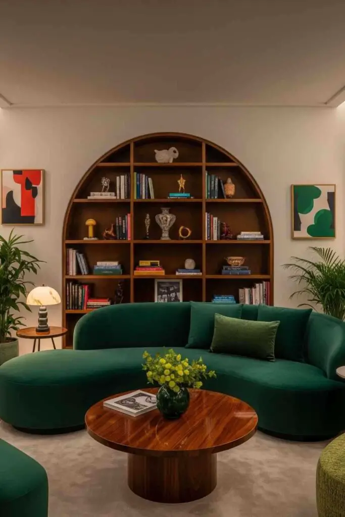 Eclectic living room with curved furniture