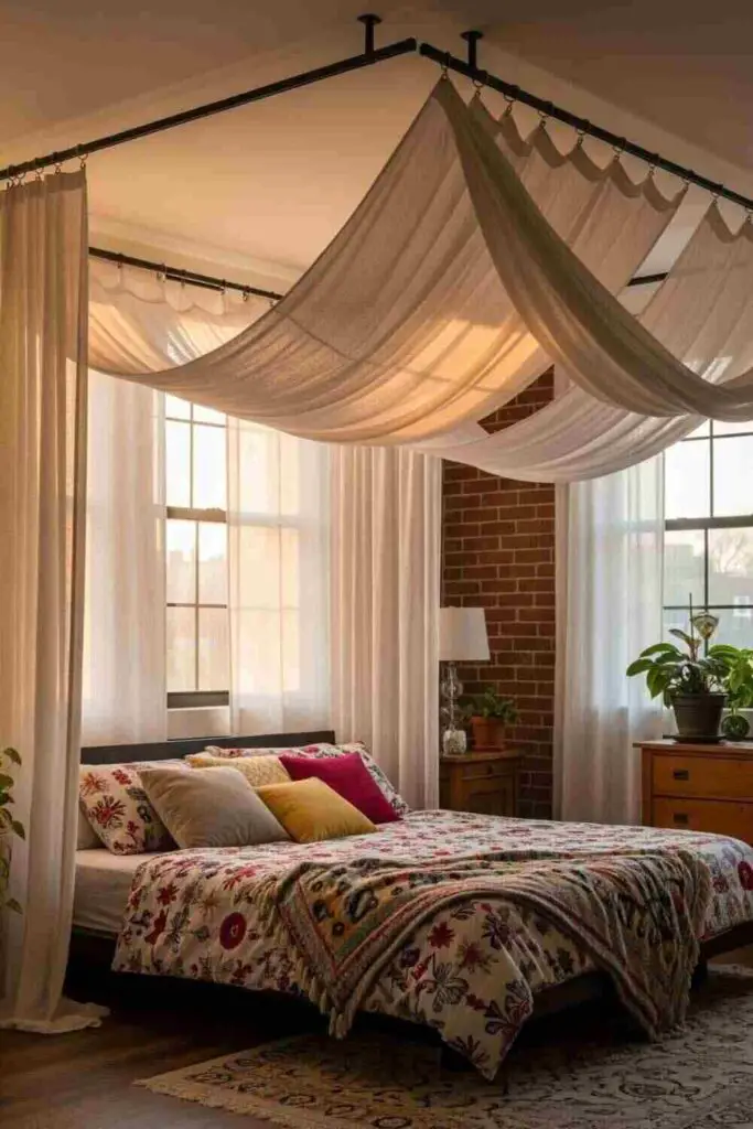Eclectic bedroom with fabric canopy system
