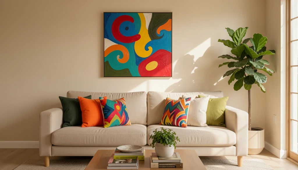 beige living room with pop of color featured decor image