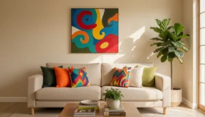 beige living room with pop of color featured decor image