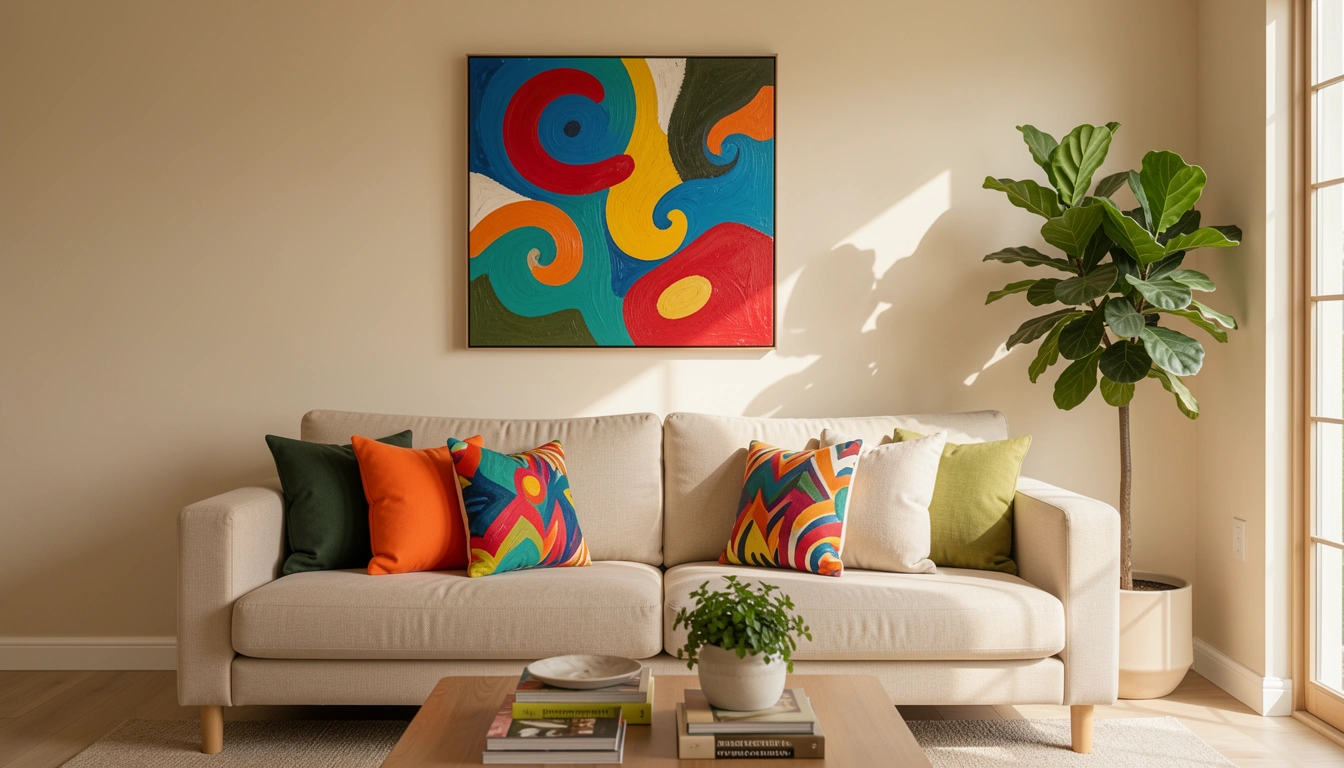 beige living room with pop of color featured decor image