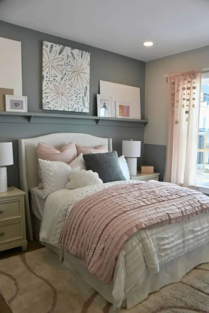 home decor art in light pink and grey bedroom