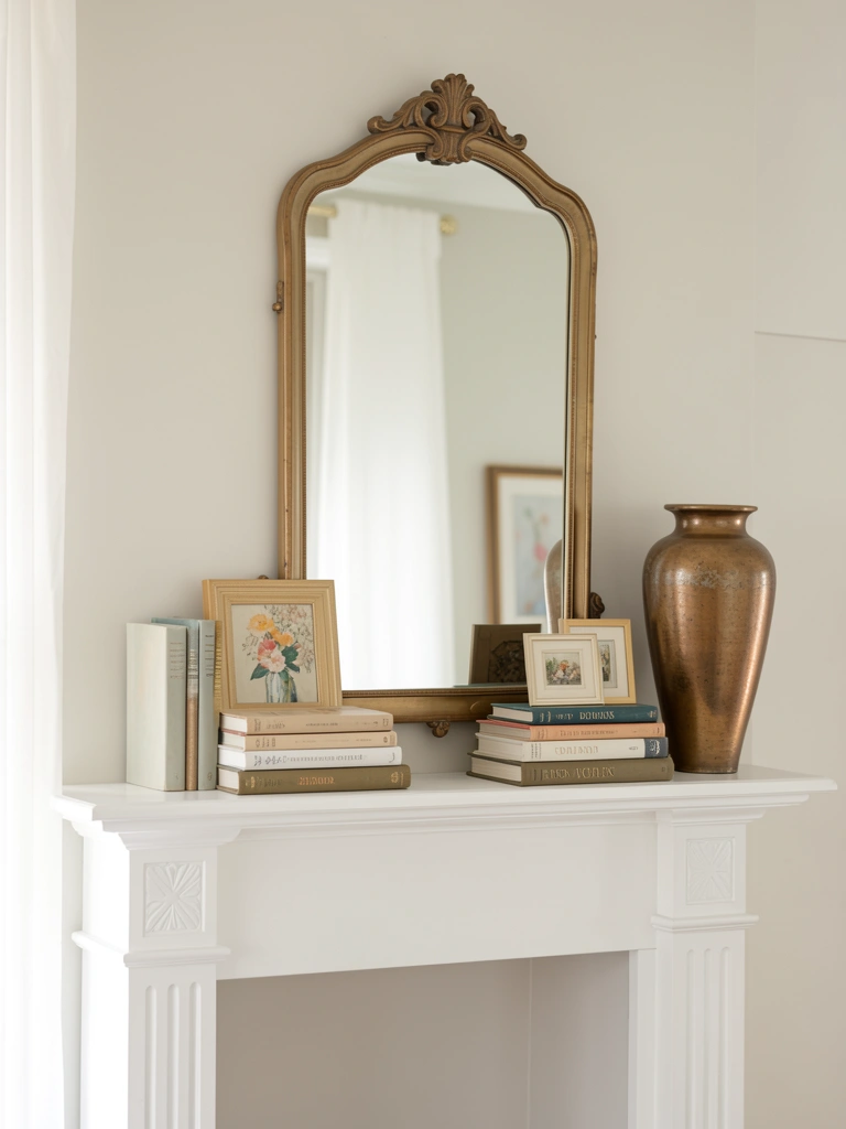 fireplace mantle decor with mirror decor detail in a realistic room