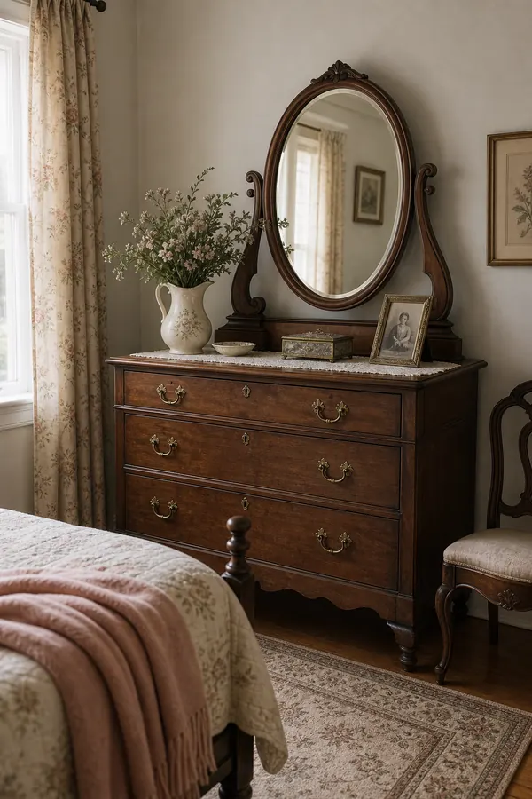 Vintage bedroom with an antique wooden dresser and mirror