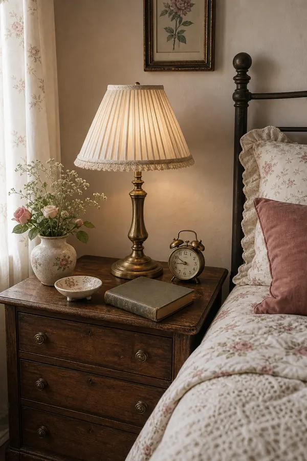 Vintage bedside table styled with an old-fashioned lamp