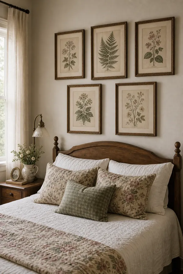 Vintage bedroom with framed botanical prints above the bed