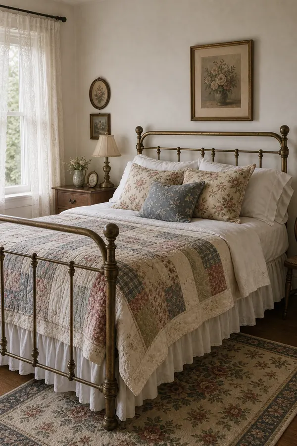 Vintage bedroom with an antique brass bed frame and layered bedding