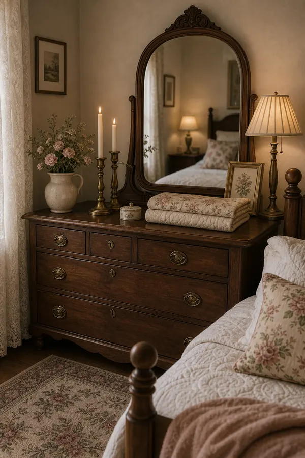 Vintage bedroom dresser styled with antique brass candleholders
