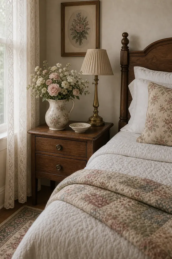 Vintage bedroom with fresh flowers in a ceramic pitcher