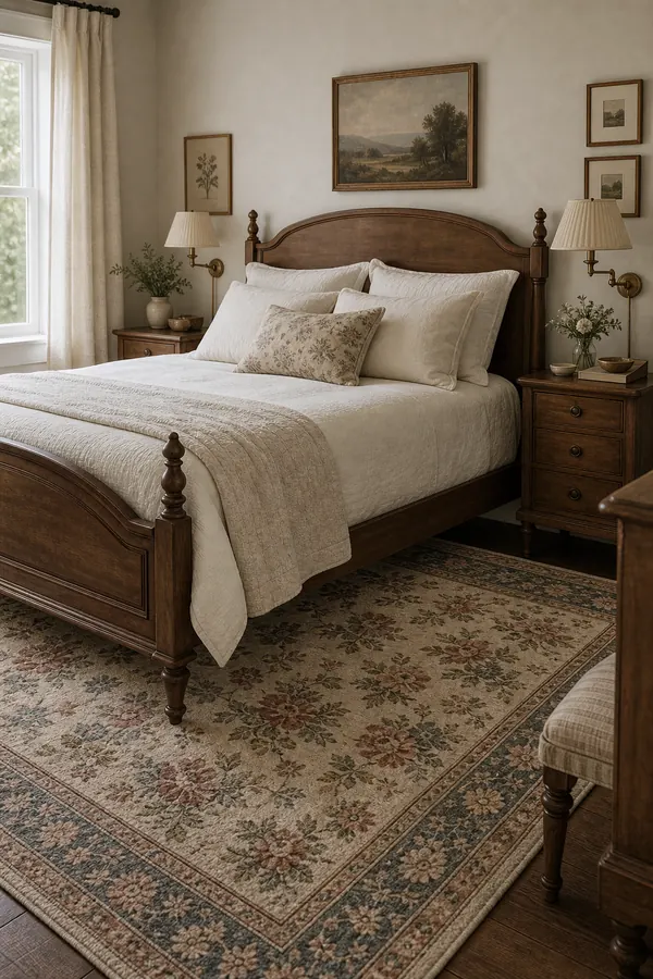 Vintage bedroom with a faded floral area rug under the bed