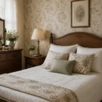 Cozy vintage bedroom with soft floral wallpaper