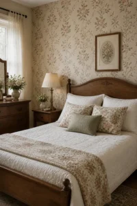 Cozy vintage bedroom with soft floral wallpaper