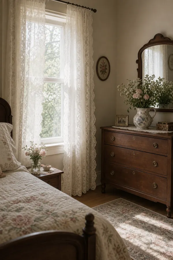 Vintage bedroom with lace curtains and soft window light