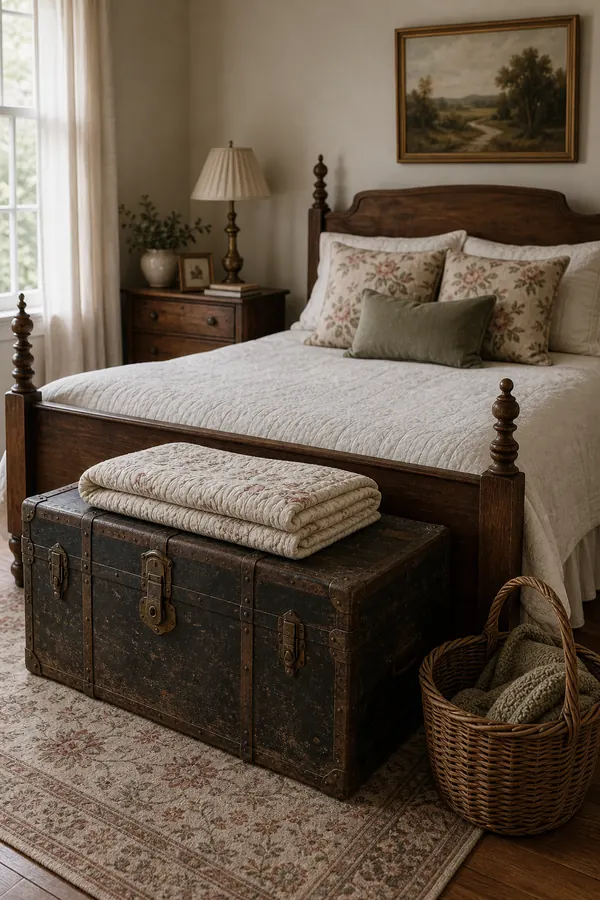 Vintage bedroom with an old trunk at the foot of the bed