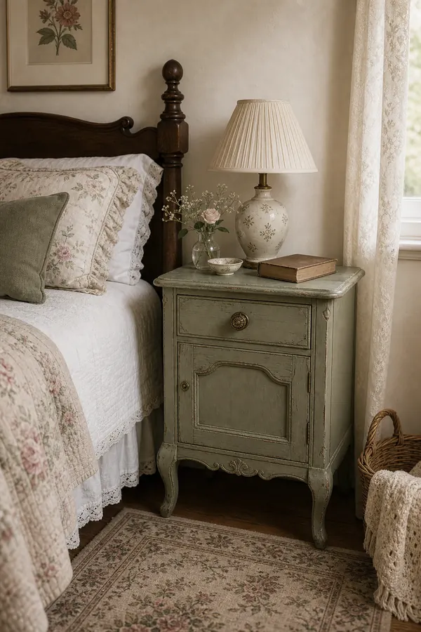 Vintage bedroom with a painted sage green nightstand