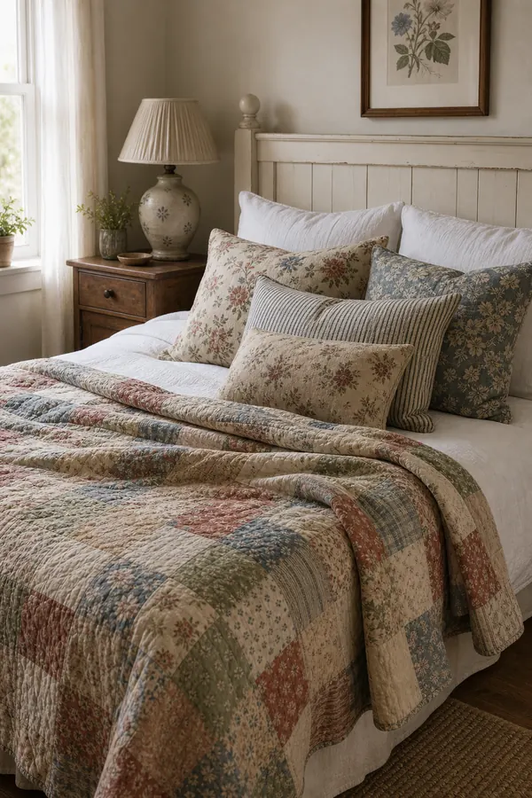 Cozy vintage bedroom with a faded patchwork quilt