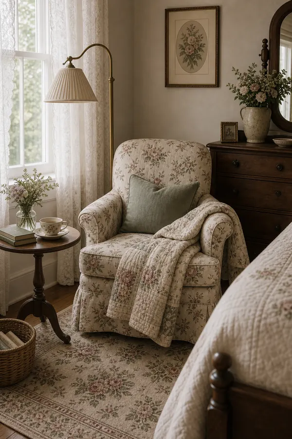 Cozy vintage bedroom reading corner with an upholstered chair