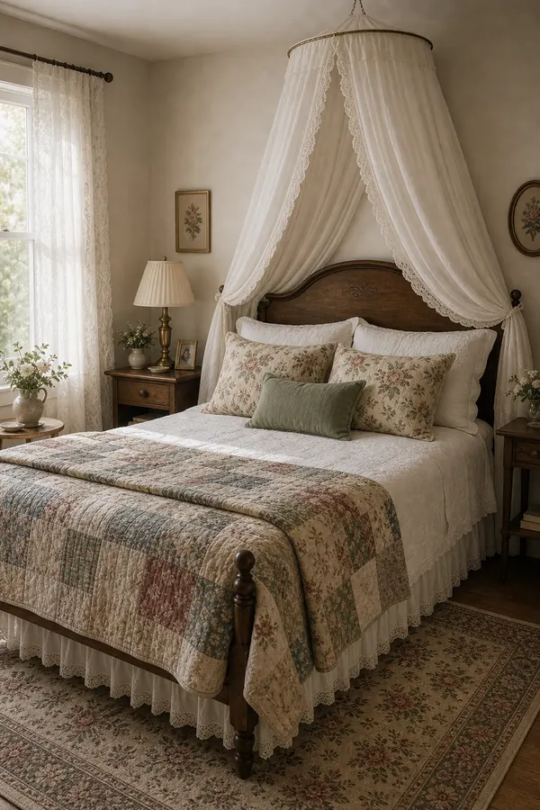 Vintage bedroom with a light sheer canopy over the bed
