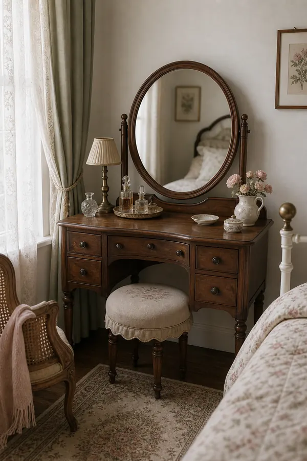 Vintage bedroom with a small vanity desk and round mirror