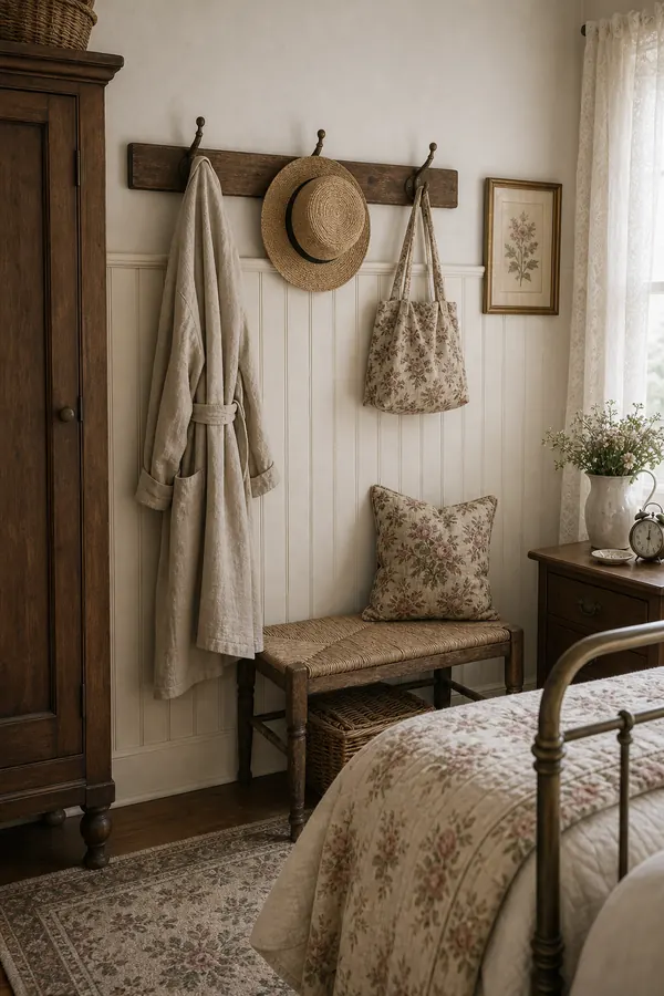 Vintage bedroom wall hooks with a robe and straw hat